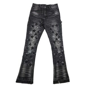Valabasas Women's V-Star Stacked Flared Denim Jeans Frayed Size 18(28x31) Black